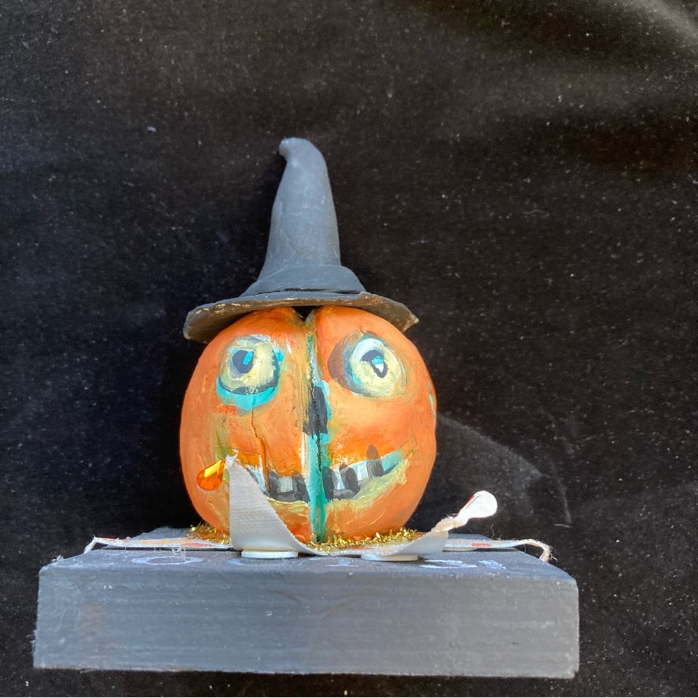 Handmade Ceramic Halloween Pumpkin In A Witch’s Hat on Wood Base  6”x4”
